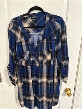 Torrid Blue and Cream Plaid Tunic Blouse